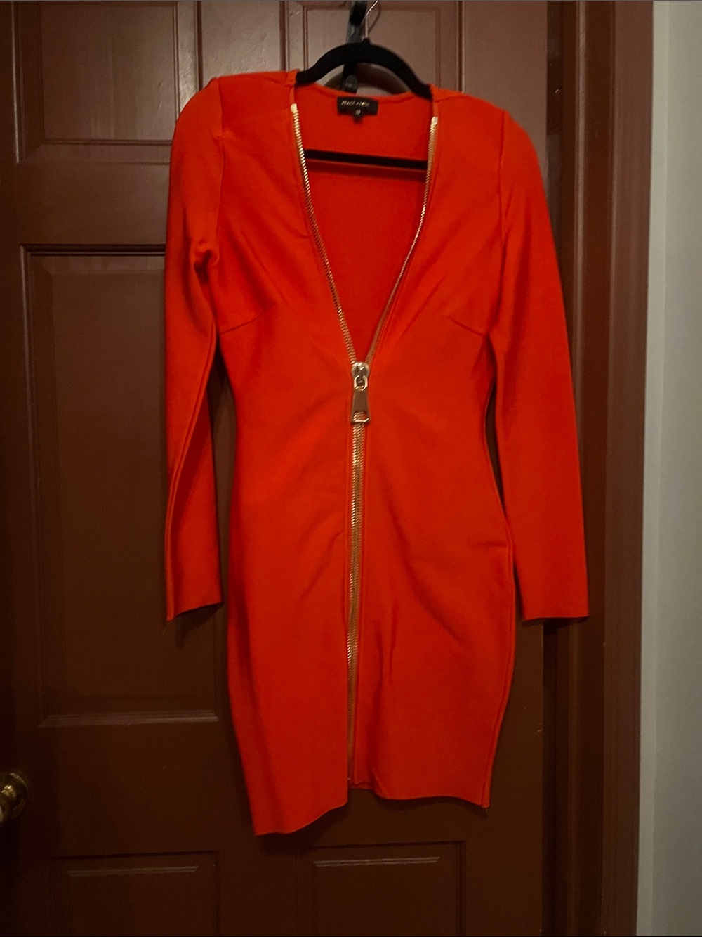 Red Zip-Front Long Sleeve Women's Dress